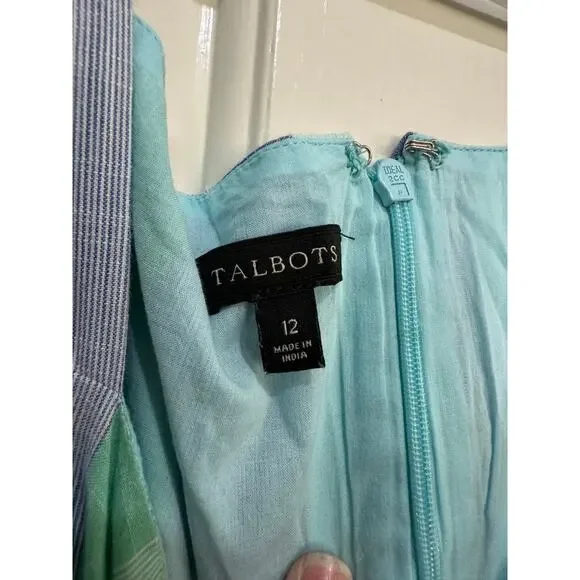 Talbots Midi Dress Beachcomber Stripe Cotton Blend Blue Green Size 12 - Picture 7 of 8